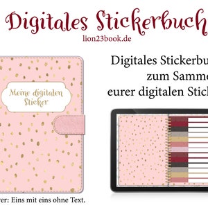 Pode incluir: Um livro de adesivos digital rosa com bolinhas douradas. A capa tem um rótulo branco que diz "Meine digitalen Sticker". O livro está aberto em uma página com fundo rosa e bolinhas douradas. Há vários rótulos brancos no lado direito da página.