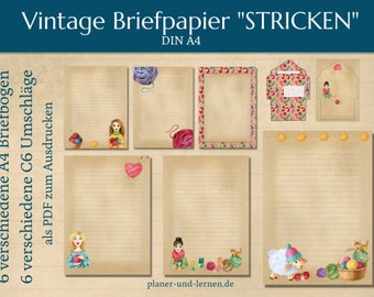 Briefpapier, Umschläge  "STRICKEN" Vintage, drucken Notizblätter, Printable Stationery, digital Download