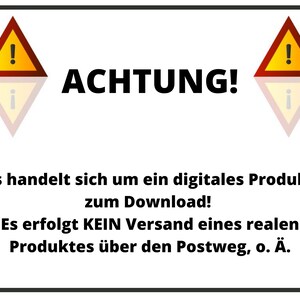 May include: A yellow warning sign with an exclamation point inside a red triangle. The sign is reflected on a white surface. The text "ACHTUNG!" is in black bold letters. The text below the sign reads: "Es handelt sich um ein digitales Produkt zum Download! Es erfolgt KEIN Versand eines realen Produktes &uuml;ber den Postweg, o. &Auml;."