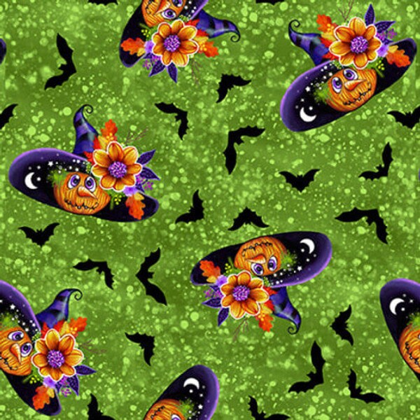 Hallowishes 3374-66 green, Blank quilting, pumpkin witches, fabric by the yard