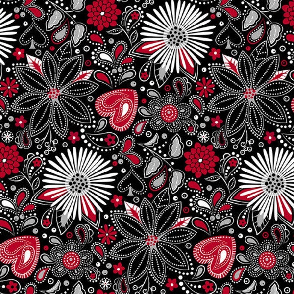 Scarlet Story, 3129-99 Black, Blank Quilting, Black, red, white, gray, hearts, paisleys, flowers, Fabric by the yard