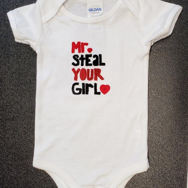 Embroidered, applique, Baby, bodysuit, 3-6 months, "Mr. Steal Your Girl"