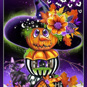May include: A whimsical Halloween-themed illustration featuring a pumpkin house with a witch's hat, surrounded by bats, pumpkins, and a black cat. The house has a small door with a spiderweb and a window with stars. The pumpkin house is decorated with flowers and leaves.