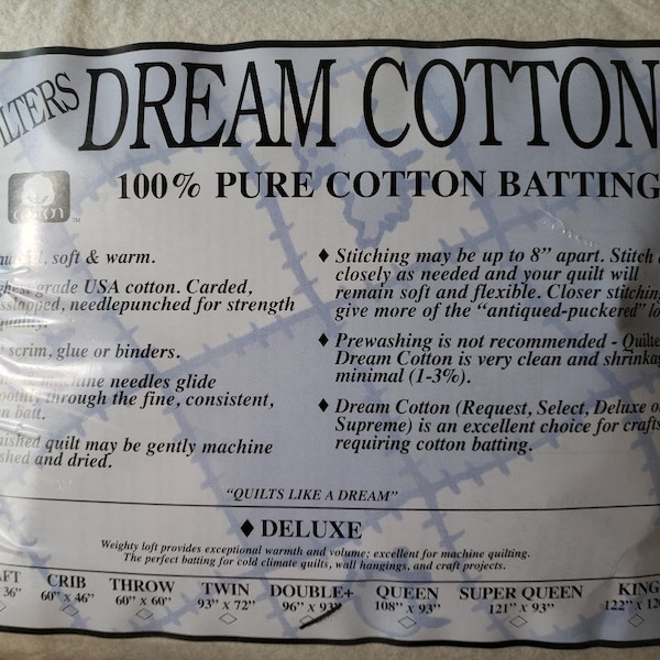 Quilters Dream Cotton, Batting, Deluxe, double 96" x 93"