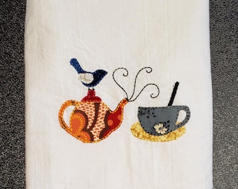 Farine, sac, serviette, avec oiseau, et tasse à thé, applique, broderie