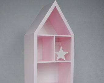 Pink wooden house bookcase, Small bookcase with shelves for a child's room, Perfect bookcase for toys