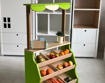 Houten Montessori-speelgoedmarkt voor kinderen | Speelgoedmarktset | Educatieve houten speelgoedmarkt handgemaakt | Fantasiespeelset voor kinderen