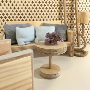 Miniature coffee table for doll dollhouse. Nice round square table in white. Mini white wooden table, scale 1:6