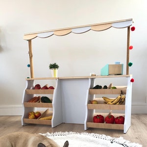 Handcrafted wooden shop market stand | Gray and Natural Customizable Market toy | Play area Pretend play | A wooden shop for the playroom