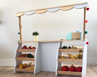 Handcrafted wooden market stand for role play | Gray&Natural Customizable Market toy Play area Pretend play | Wooden shop for the playroom