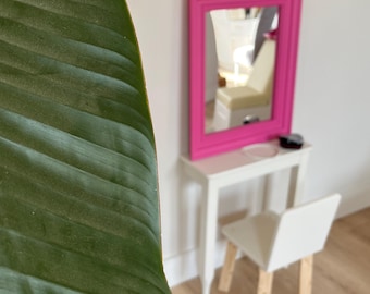 Handgemaakte houten make-upset met fuchsia spiegel - Beautytafel voor kinderen