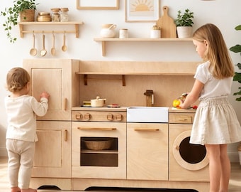 Grote handgemaakte houten keukenspeelset met oven, koelkast, vaatwasser en wasmachine | Luxe montessorispeelgoed voor thuis, kleuterschool