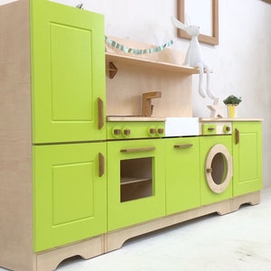 A wooden kitchen for children in an original style, unique handicraft, solid and safe, natural wood