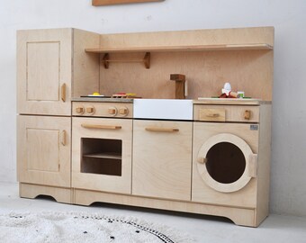 A wooden kitchen for children in an original style, unique handicraft, solid and safe, natural wood