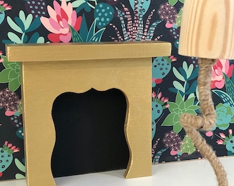 Mini fireplace for a dollhouse, Gold miniature fireplace in a glamorous style. Beautiful wooden doll furniture in 1/6 scale made in Poland