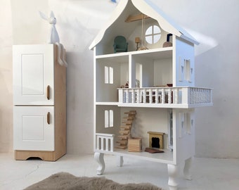 Large Wooden White Dollhouse with Loft, Swing and Balcony, Lovely Playhouse Charlotte with Stairs and Ladder