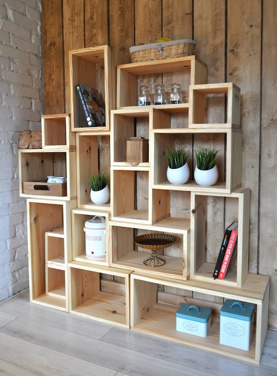 Solid Pine Wood Modular Shelving Set, Scandinavian Style Wall 