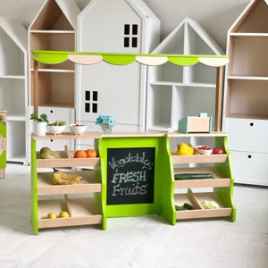 Wooden Market set for kids for pretend play. Unique gift for Toddler & nursery. Natural and safe Kidsroom decor and playroom. Cute toy