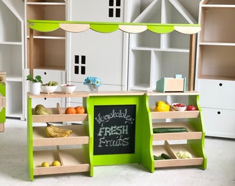 Wooden Market set for kids for pretend play. Unique gift for Toddler & nursery. Natural and safe Kidsroom decor and playroom. Cute toy