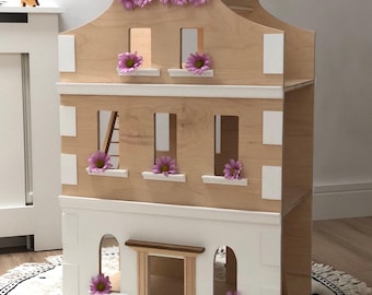 Magisch handgemaakt poppenhuis in paleisstijl 1:12 met drie verdiepingen | Uniek verjaardagscadeau voor meisjes| Speelhuis in paleisstijl met auto