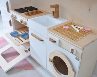 Coriver Ustensile Cuisine Bois Enfant, 26 Pièces Accessoire Cuisine Enfant avec Assiettes Plates Tasses, Dinette en Bois, Jeu de Rôle pour Enfants, Cuisine Enfant en Bois pour 3+ Ans Garçons Filles