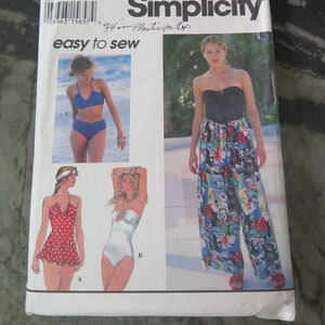 Vintage 90s Simplicity 9085 Misses One Piece Swimsuits Two Piece Bikini and Wrap Pants Sewing Pattern size 12 14 16