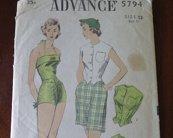 May include: Vintage sewing pattern for a women's outfit, featuring a green and white plaid skirt, a white button-up shirt, and a green halter top. The pattern is from Advance, size 13, bust 31 inches.