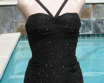 Vintage 50s GABAR Encaje Negro con lentejuelas Traje de baño Traje de baño Playsuit sz 12 B34