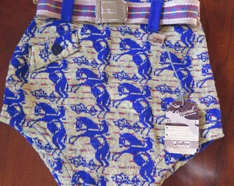 NWT Vintage 50s Youth Boys Bucking Bronco Yellow Blue Wool Belted Swimsuit Trunks M