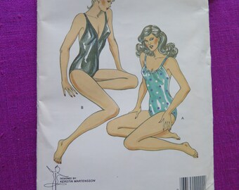 May include: A vintage sewing pattern for two swimsuit styles. The pattern is for sizes 14-16-18-20. The pattern is from Kwik Sew Pattern Co., Inc. and is designed by Kerstin Martensson.