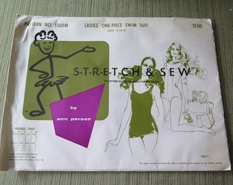May include: Vintage sewing pattern for a one-piece swimsuit. The pattern features illustrations of the swimsuit and a stick figure. The text reads "Stretch & Sew" and "by ann person". Sizes 14-16-18.