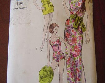 May include: Vintage Vogue pattern 5848 featuring illustrations of women's fashion designs. The designs include a yellow romper, a floral print swimsuit, and a floral print maxi dress. The pattern size is 10, bust 31 inches, and hip 33 inches.