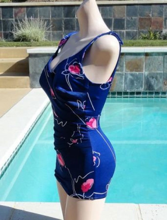 Vintage early 70s Roxanne Navy Floral Swimsuit Ba… - image 2