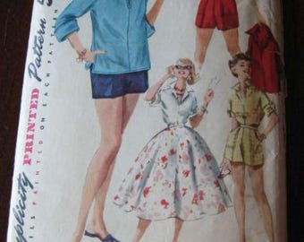 May include: Vintage Simplicity printed pattern envelope featuring illustrations of women's clothing. The cover shows drawings of a blue jacket and shorts, a red and white striped top and shorts, a floral skirt, and a yellow jumpsuit. The price is 50 cents.