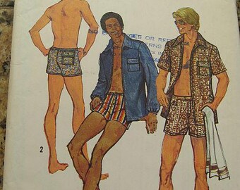 May include: Simplicity pattern 5712 featuring illustrations of three men in shorts and shirts. The pattern includes sizes for a chest of 32 inches and a waist of 27 inches. The pattern is for teen boys.