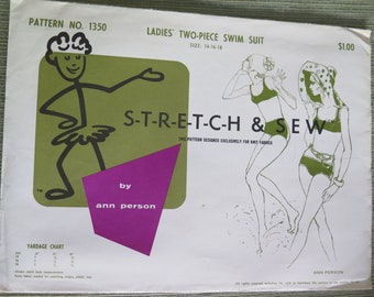 May include: Vintage sewing pattern for a ladies' two-piece swimsuit. The pattern features illustrations of the swimsuit design and includes the text "S-T-R-E-T-C-H & SEW" and "by ann person". The pattern size is 14-16-18.