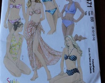 May include: McCall's sewing pattern M4471 for swimwear. The pattern features illustrations of various bikini and swimsuit designs. The package includes the text "Suit Yourself Made-For-You" and size BB (8-10-12-14).