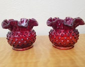 Vintage set of 2 Fenton Hobnail Ruby Red Silvercrest Double Crimped 3 quot Bud Vase Rose Bowl Votive Tealight Holder