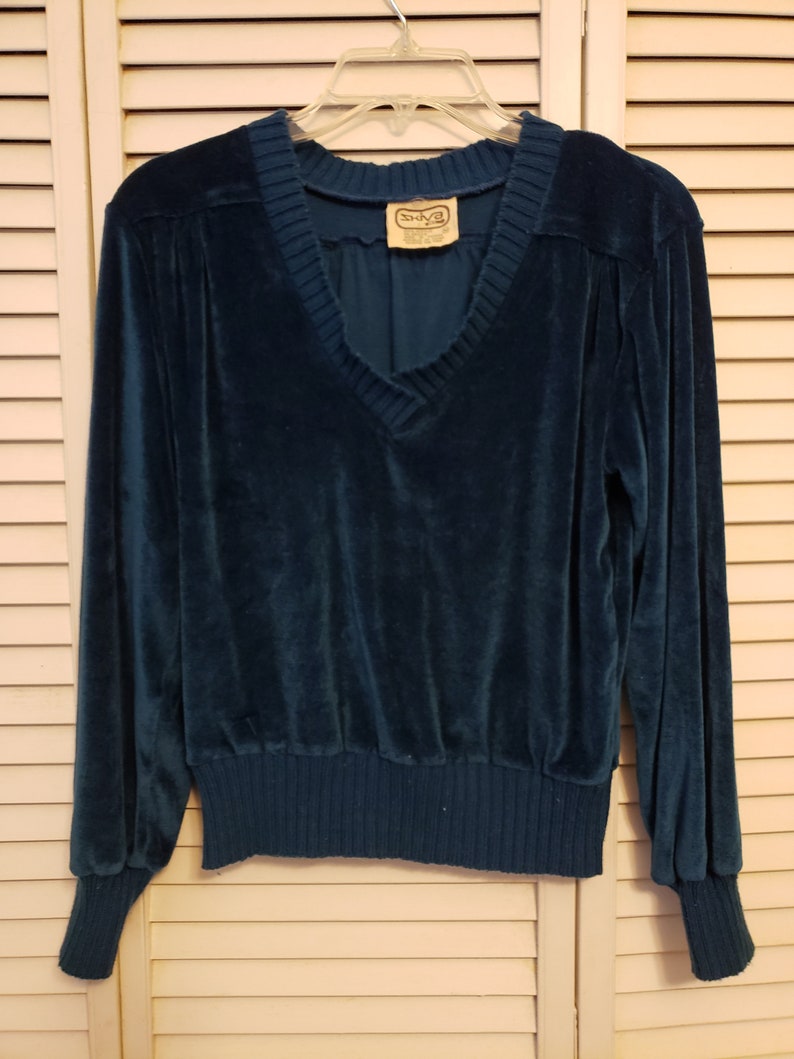 Vintage teal blue v-neck sweater crushed velvet Size Medium