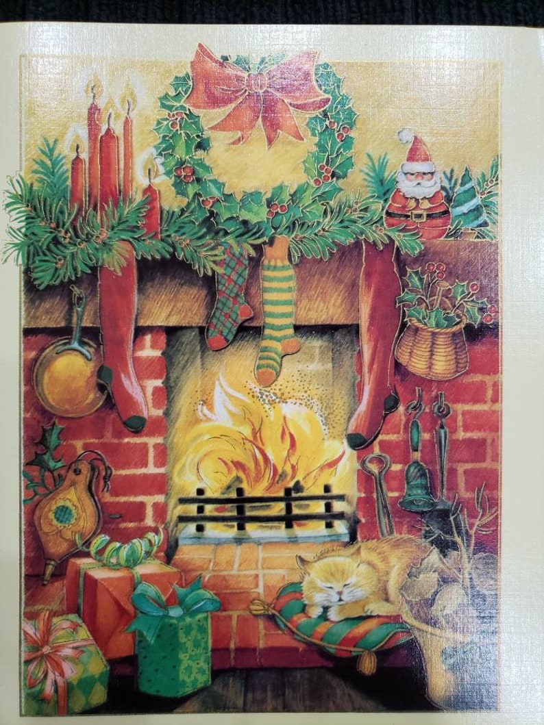 Vintage 1980 Christmas Card Cat Sleeping by Fireplace no | Etsy