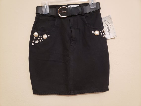 Vintage 90s New Black Denim Mini skirt Highwaiste… - image 1