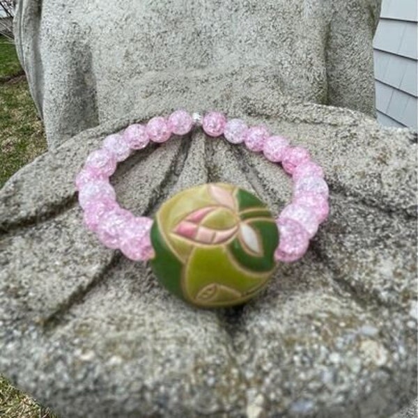 Lotus Flower Stoneware Bead on Crackle Quartz Beaded Stretch Bracelet