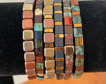 7” Tila / Tile Bracelets - Vibrant Miyuki Tila Stretch Bracelets - 6 Artisan Blends