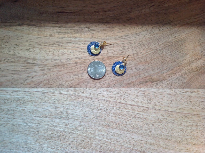Blue Crystal on Gold Hammered and Blue Etched Disc Artisan Layered Earrings