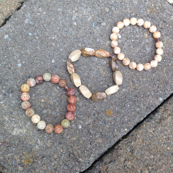 3 Natural Elements Stretch Bracelet Stackers - Soapstone, Quartz and Mother of Pearl