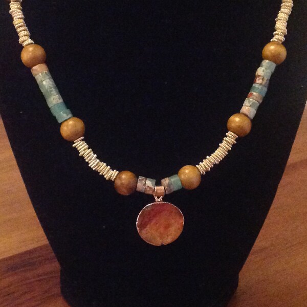 Snake Skin Jasper with Gold Rings, Wooden Beads and Druzy Pendant - A Truly Unique Necklace