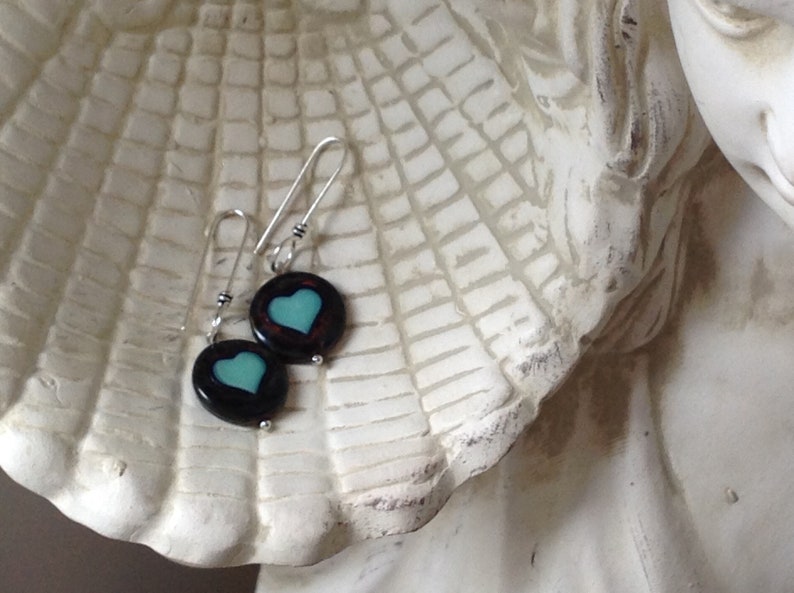 Seafoam Heart Czech Bead Dangle Earrings on Designer Sterling Silver Wires Beaded Dangles