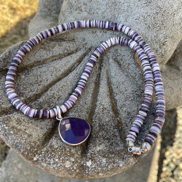 16" Heishi Wampum Quahog 6mm Necklace with Sparkling Amethyst Pendant - Cape Cod Native American Inspired Design