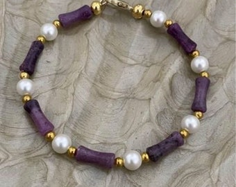 7.25” Purple Dolomite and Genuine Pearl Bracelet with Lobster Claw Clasp