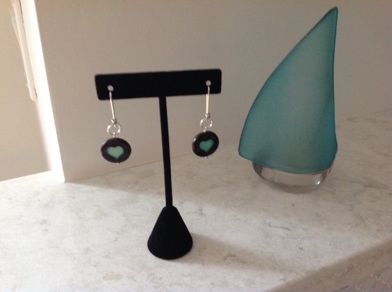 Seafoam Heart Czech Bead Dangle Earrings on Designer Sterling Silver Wires Beaded Dangles